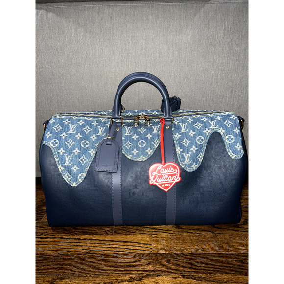 Louis Vuitton Keepall Bandouliere 50 Nigo Blue Denim Drip Monogram Weekend Bag - Picture 2 of 12